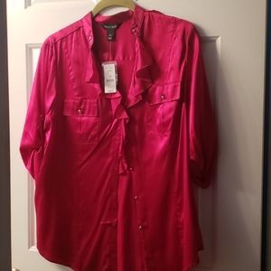 Red silk button down shirt